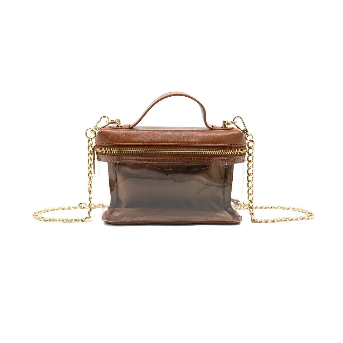 Brown handbag with clear front pocket and gold chain strap on a white background