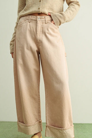 STRIPED PATTERN CUFFED HEM PANTS