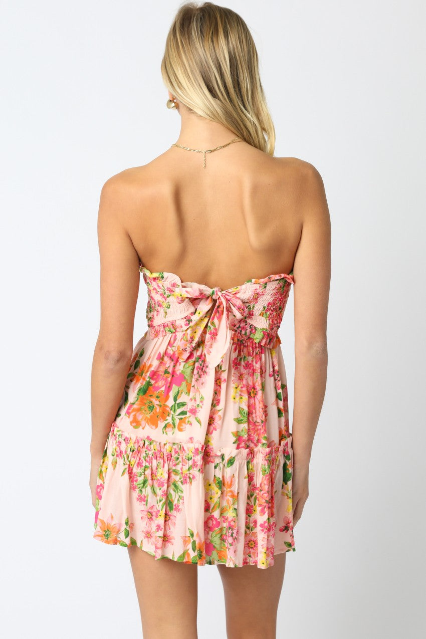 FLORAL TIERED STRAPLESS DRESS