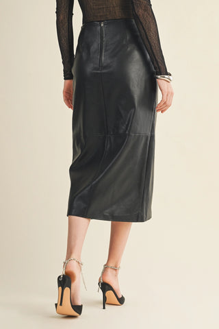 MIDNIGHT KNOT FAUX LEATHER WRAP MIDI SKIRT