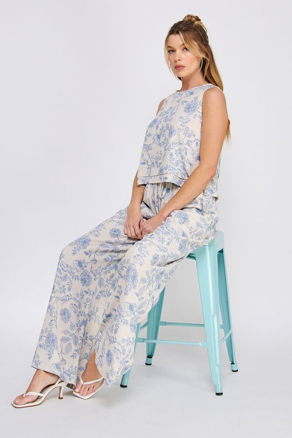 PRINTED LINEN WIDE LEG PANTS