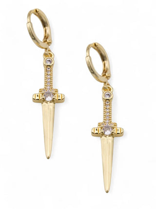 Gold dagger-shaped earrings with small stones on a white background