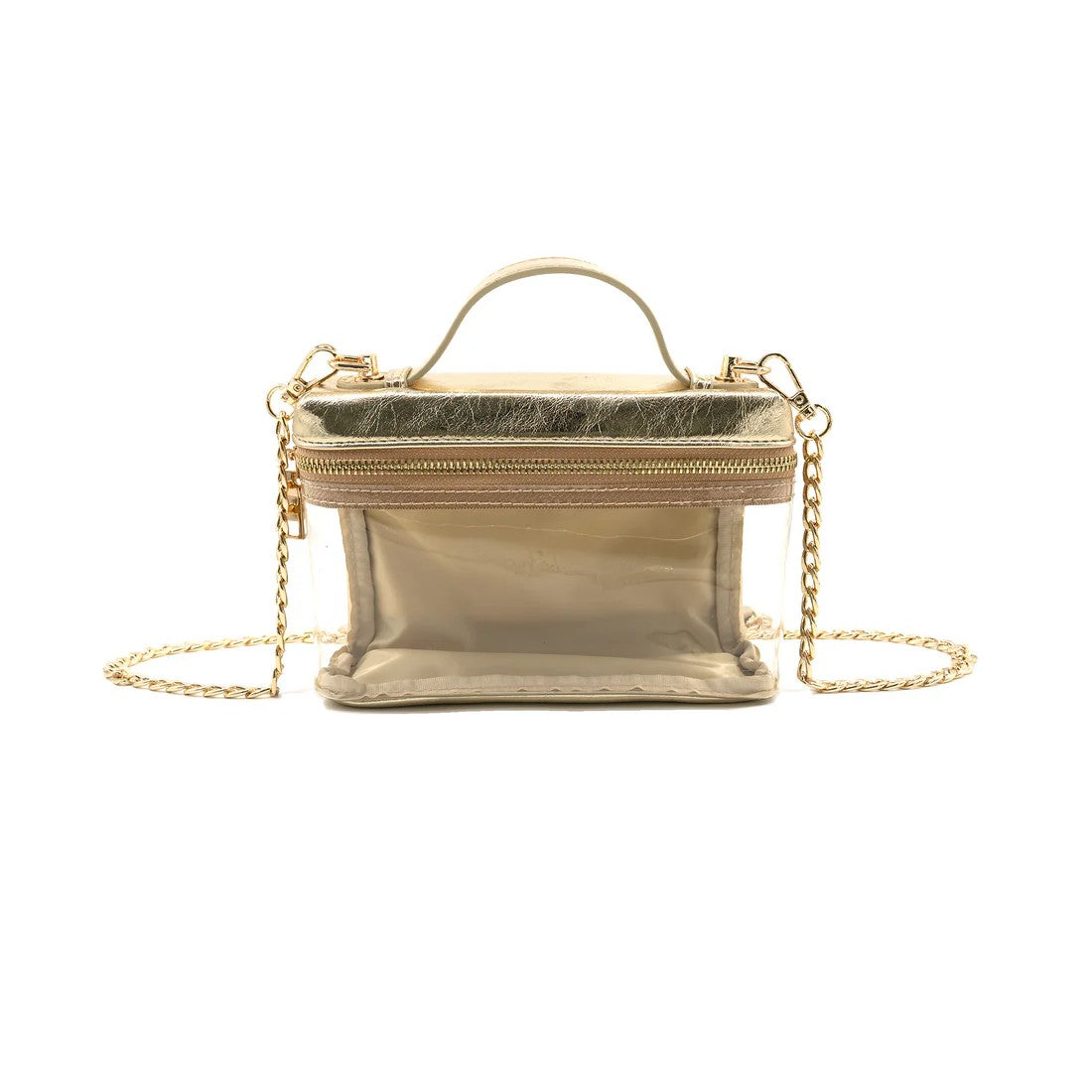 Gold handbag with chain strap on a white background