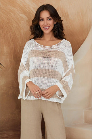 STRIPED CREW NECK OPEN KNIT CROCHET TOP