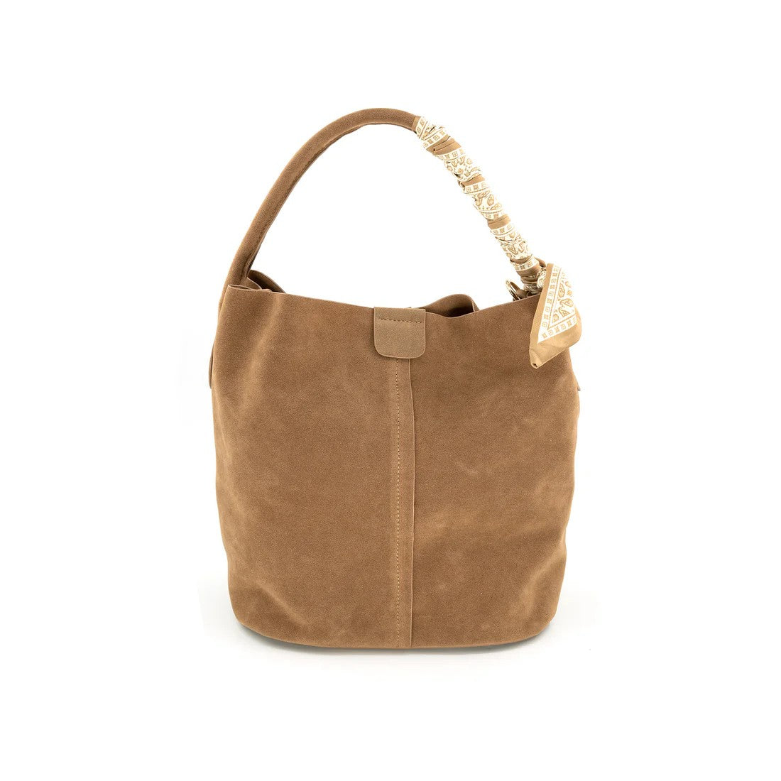 Brown handbag with decorative handle on a white background