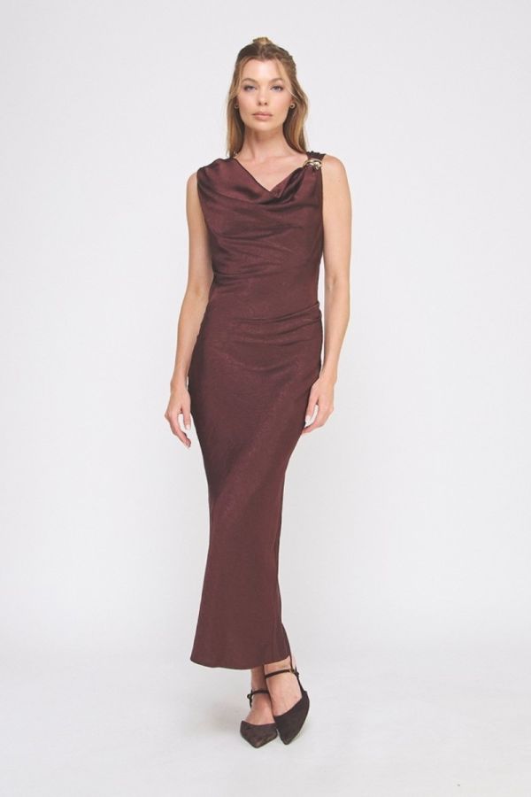 ring midi dress metal ring slinky cut out one shoulder midi dress Latte / LARGE