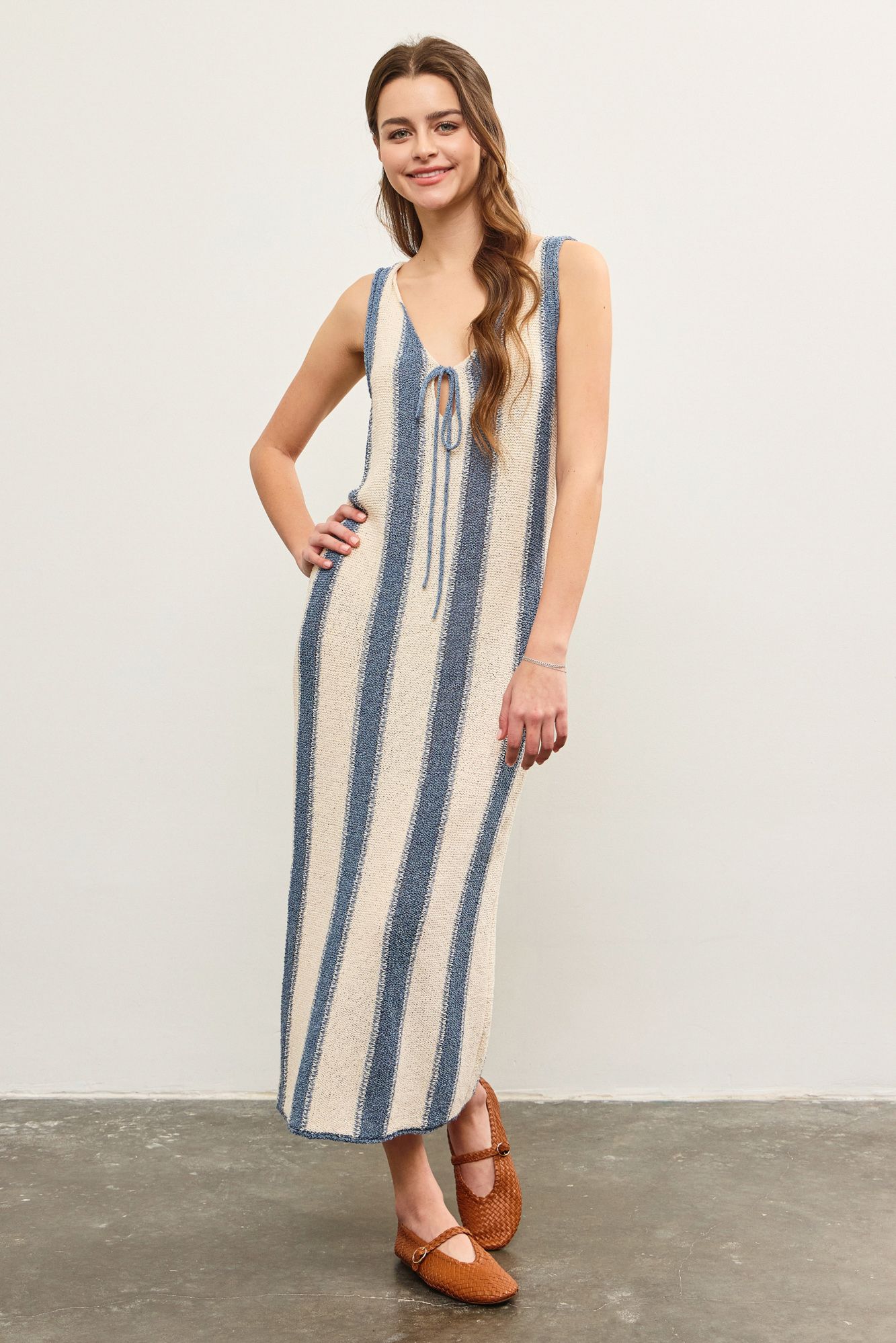 DEEP V NECK TIED FRONT STRIPED DRESS