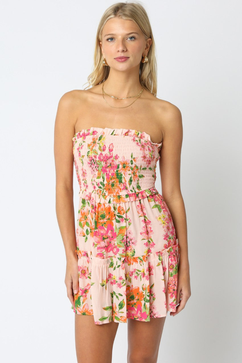 FLORAL TIERED STRAPLESS DRESS