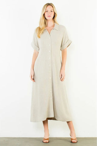 SHORT SLEEVE BUTTON DOWN MIDI DRESS