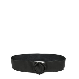 Black belt with a circular buckle on a white background