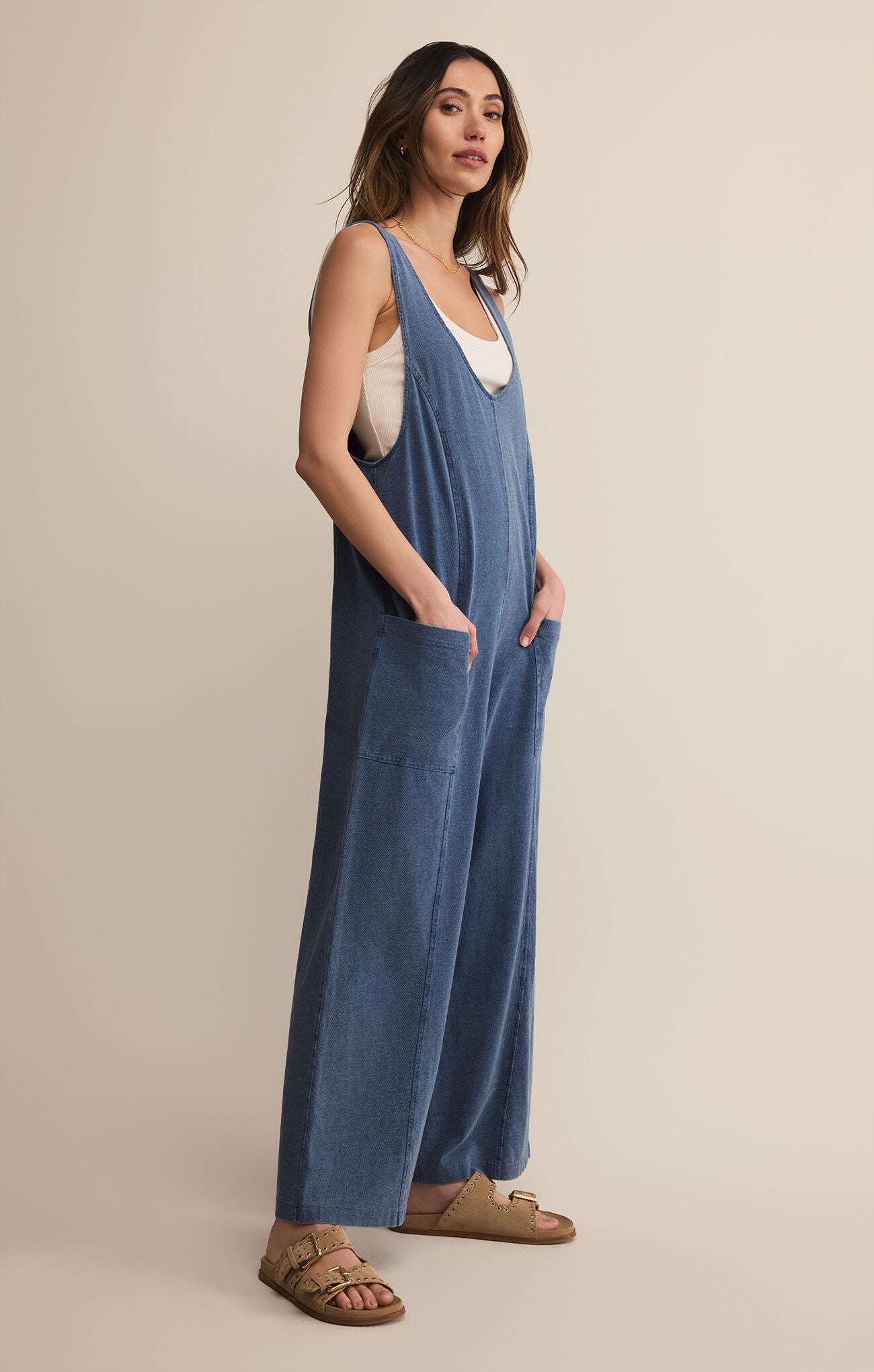 Front view of Everyday Jersey Denim Jumpsuit