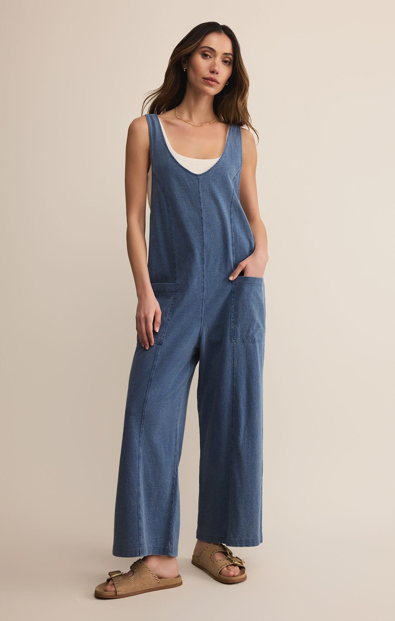 Front view of Everyday Jersey Denim Jumpsuit