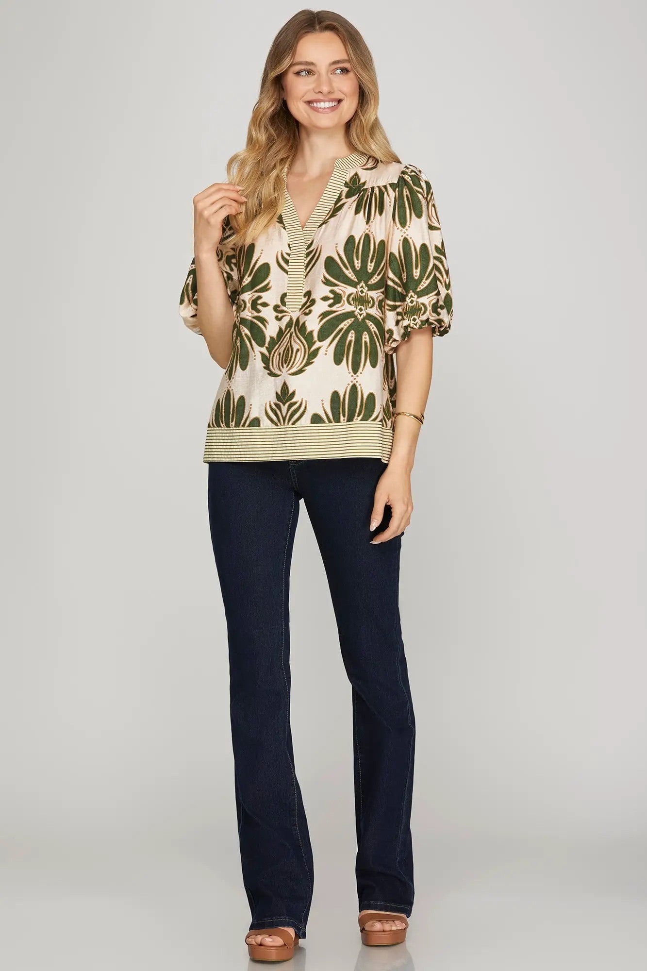 JESSIE BUBBLE SLEEVE PRINTED WOVEN TOP