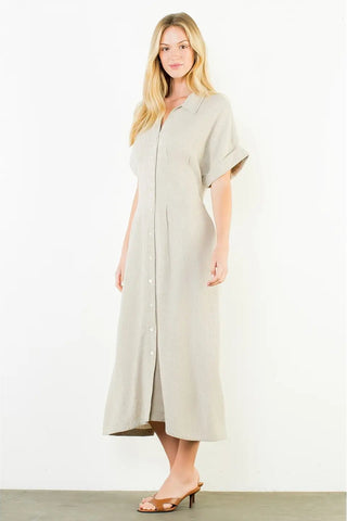 SHORT SLEEVE BUTTON DOWN MIDI DRESS