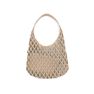 Beige woven handbag with silver embellishments on a white background