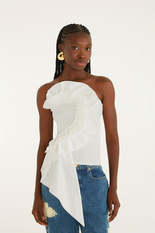 WHITE SMOCKED STRAPLESS TOP