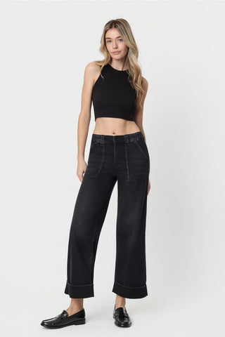 HIGH RISE ELASTIC CUFFED BAGGY WIDE JEANS