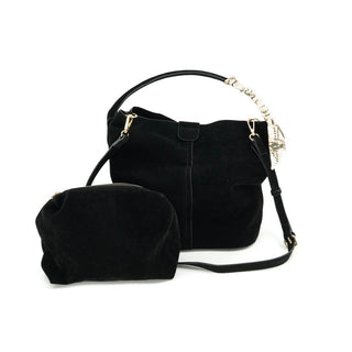 Black handbag with a matching pouch on a white background