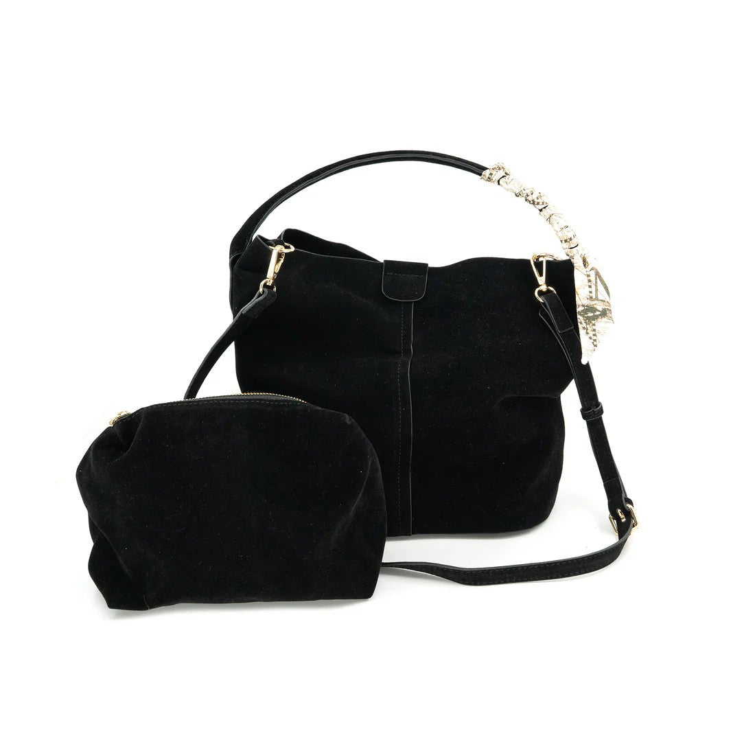 Black handbag with a matching pouch on a white background