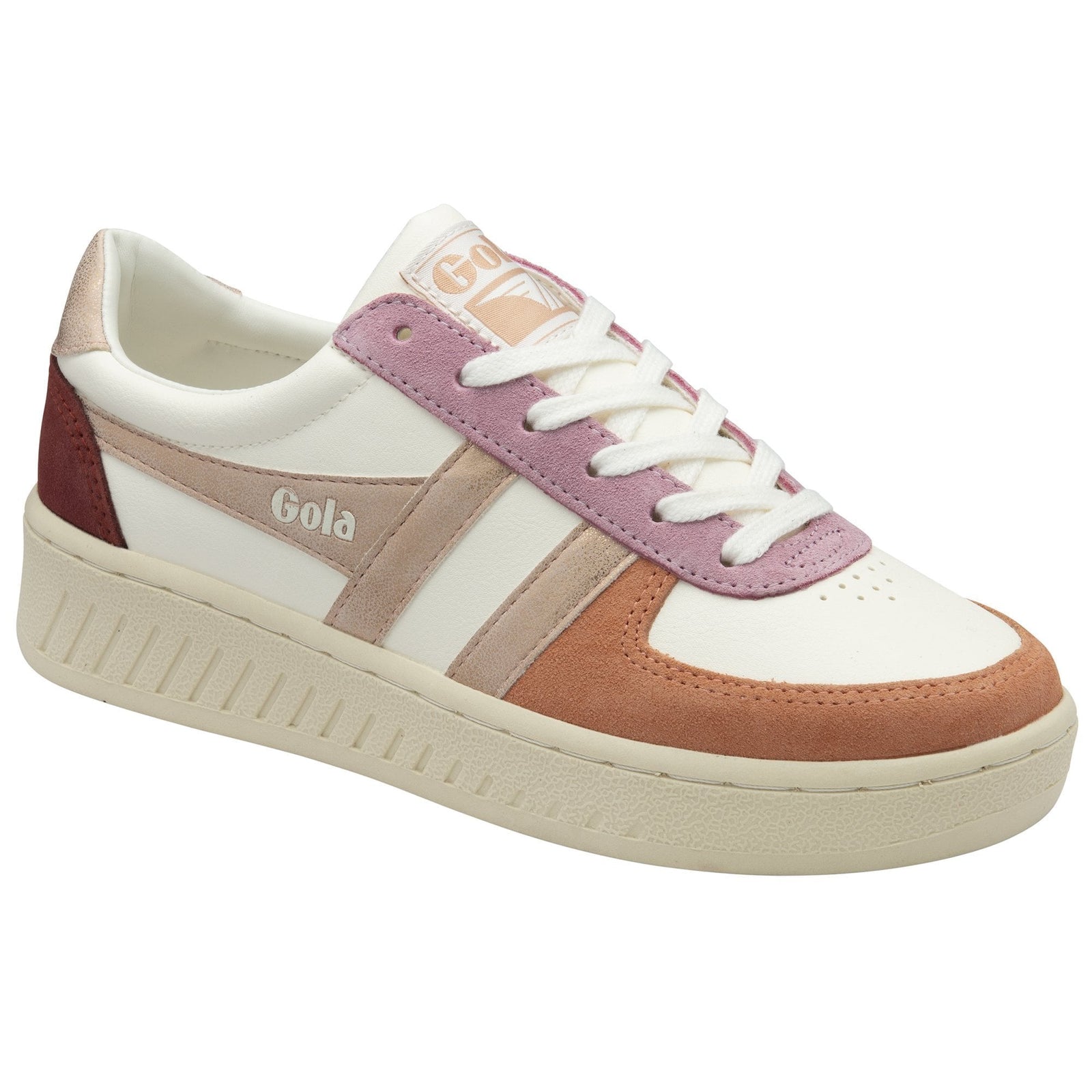Sneaker with white, pink, and brown color scheme on a white background