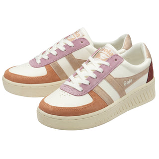 Pair of sneakers with a mix of white, pink, and brown colors on a white background