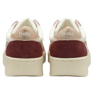 White sneakers with maroon soles and 'Gola' branding on a white background