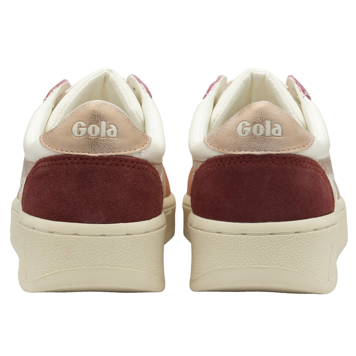 White sneakers with maroon soles and 'Gola' branding on a white background