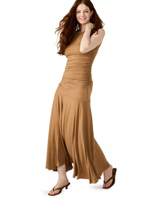 Woman wearing a brown sleeveless dress on a white background