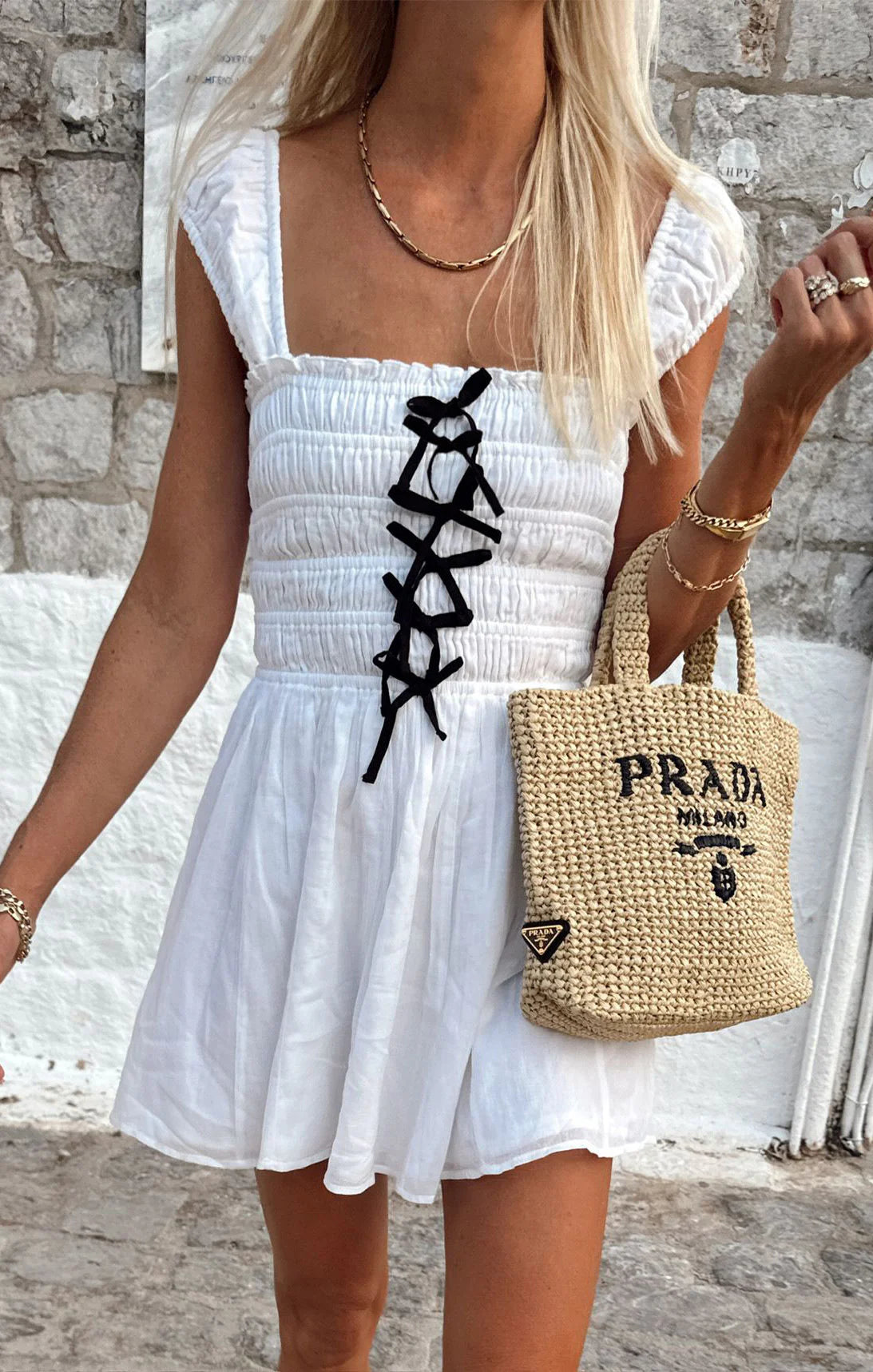 mabel mini dress front with black bows chic style