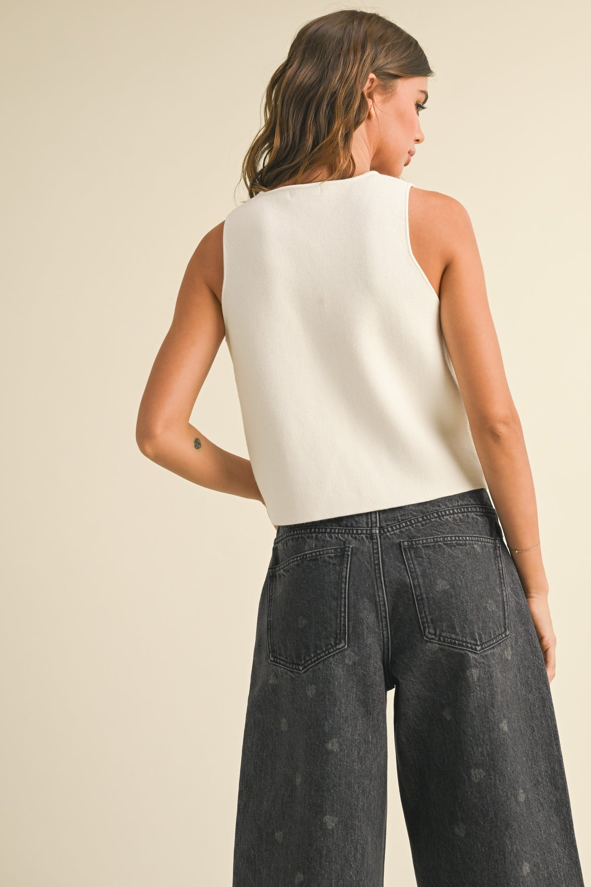 metal button knit vest back timeless silhouette