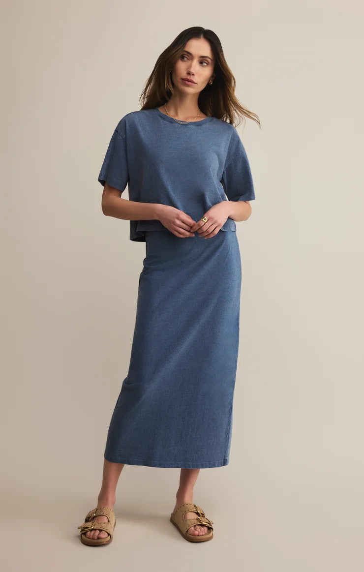 on the go jersey denim tee styled casual daytime outfit