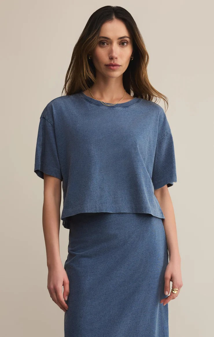 on the go jersey denim tee front casual chic style