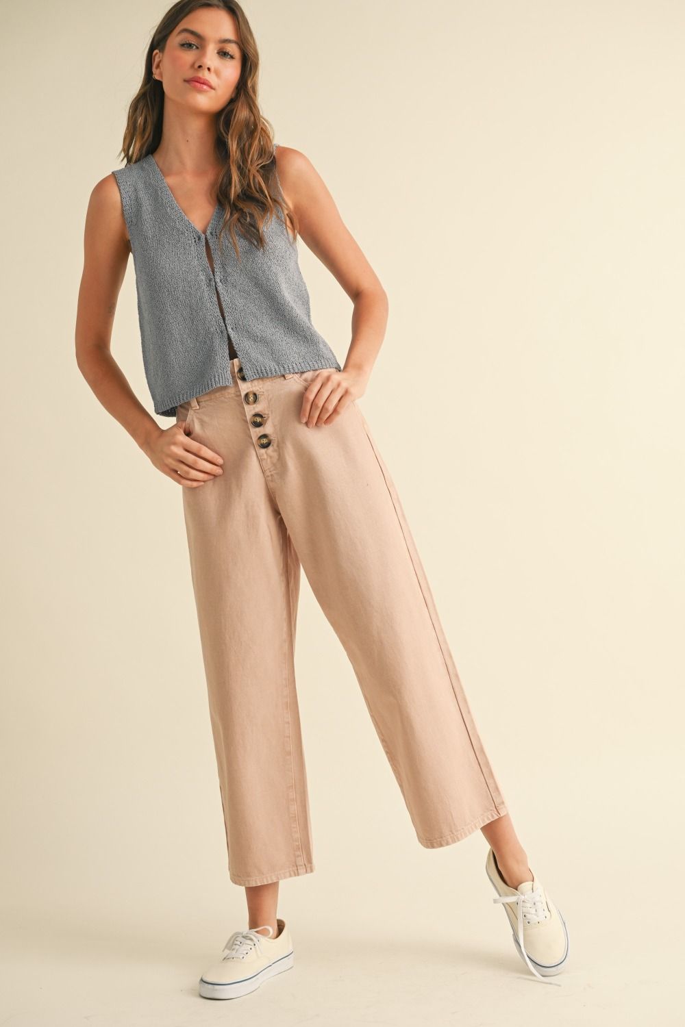 BUTTON FRONT DETAIL COTTON PANTS