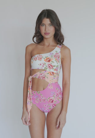 one shoulder cutout one piece styled for beach day look