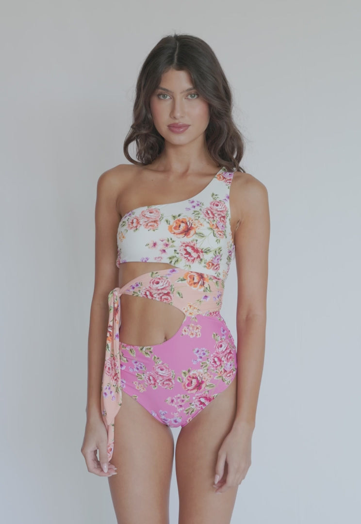 one shoulder cutout one piece styled for beach day look