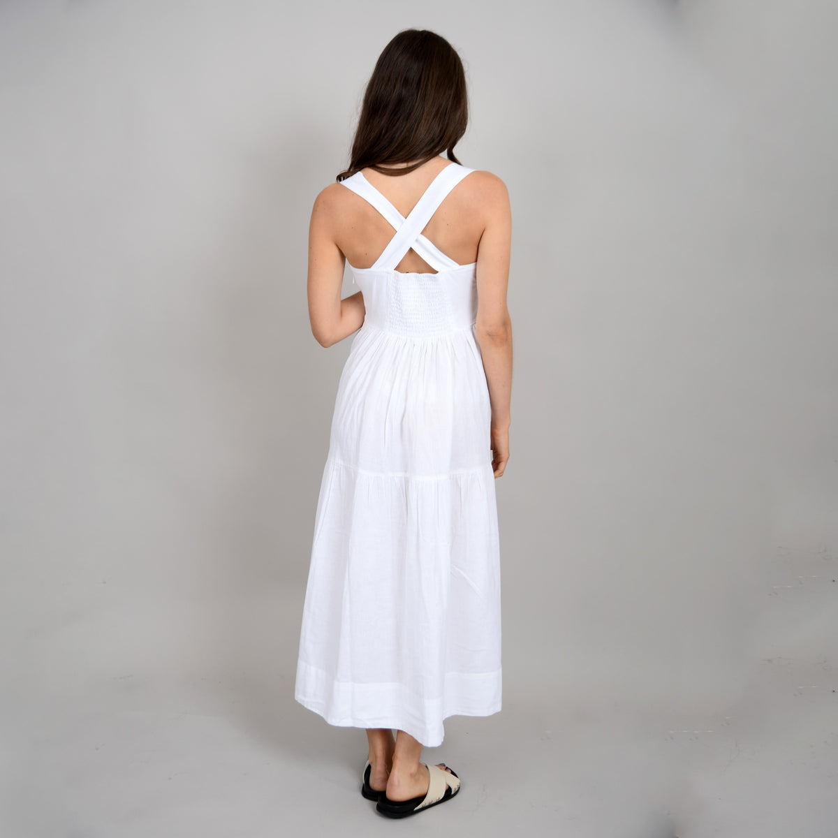 rosetta white dress back view elegant flattering fit