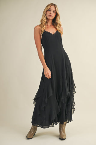 MIDNIGHT ROMANCE CASCADING RUFFLE MAXI DRESS
