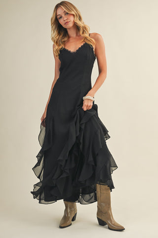 MIDNIGHT ROMANCE CASCADING RUFFLE MAXI DRESS