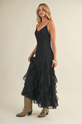 MIDNIGHT ROMANCE CASCADING RUFFLE MAXI DRESS