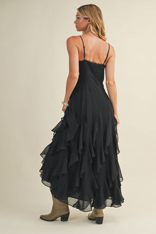 MIDNIGHT ROMANCE CASCADING RUFFLE MAXI DRESS
