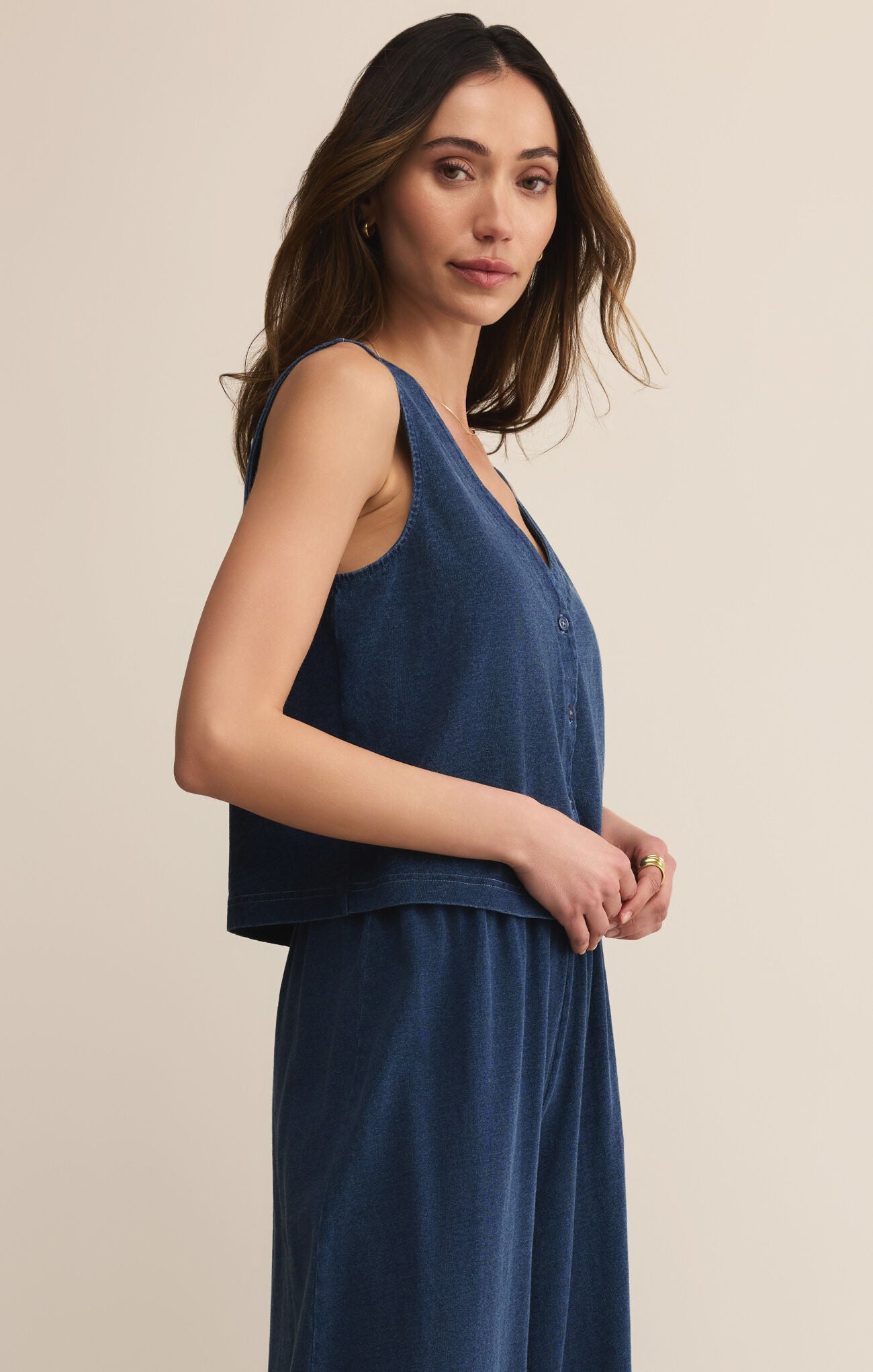 solace jersey denim top front view casual chic look