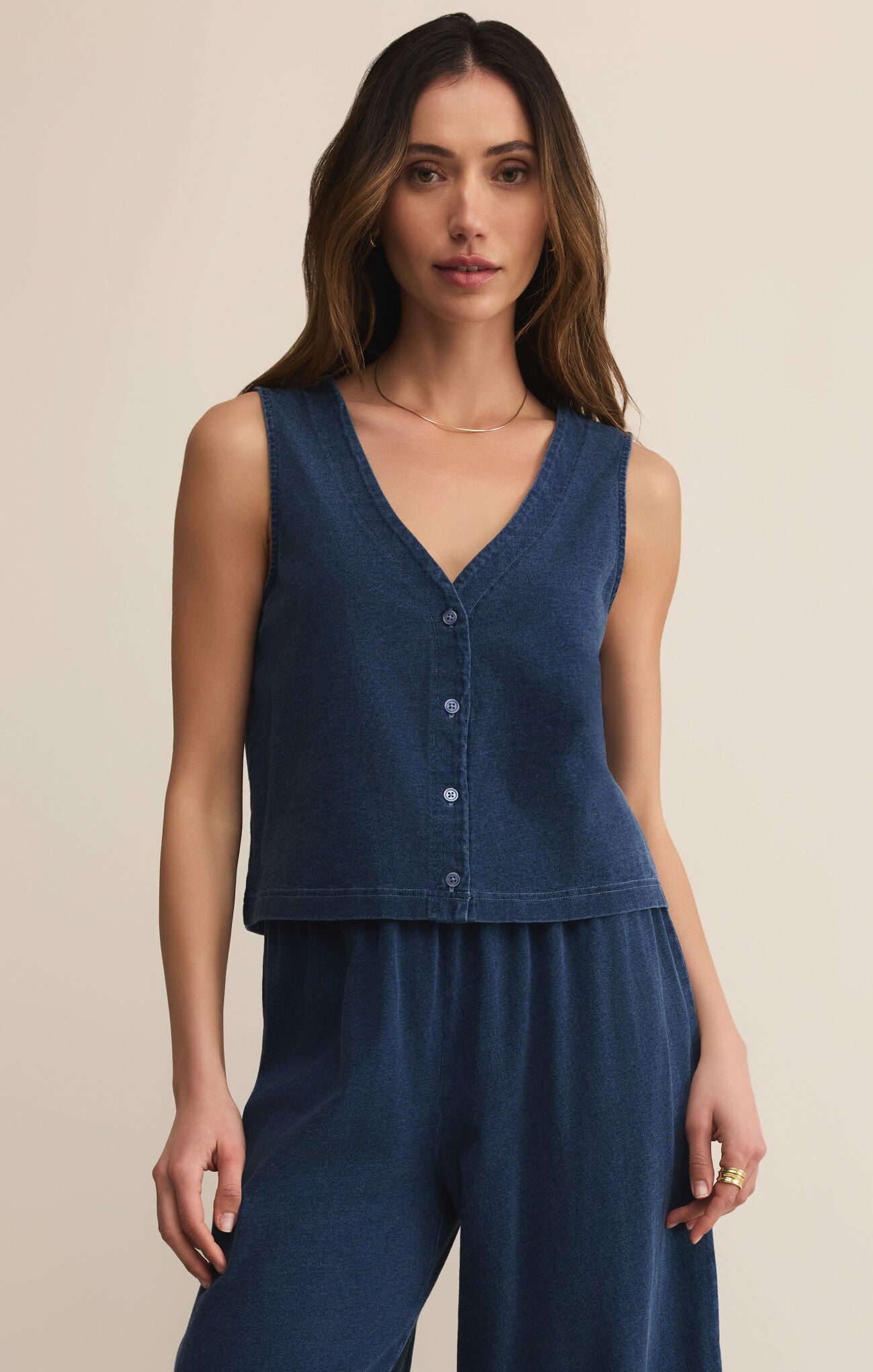 solace jersey denim top front view casual chic look