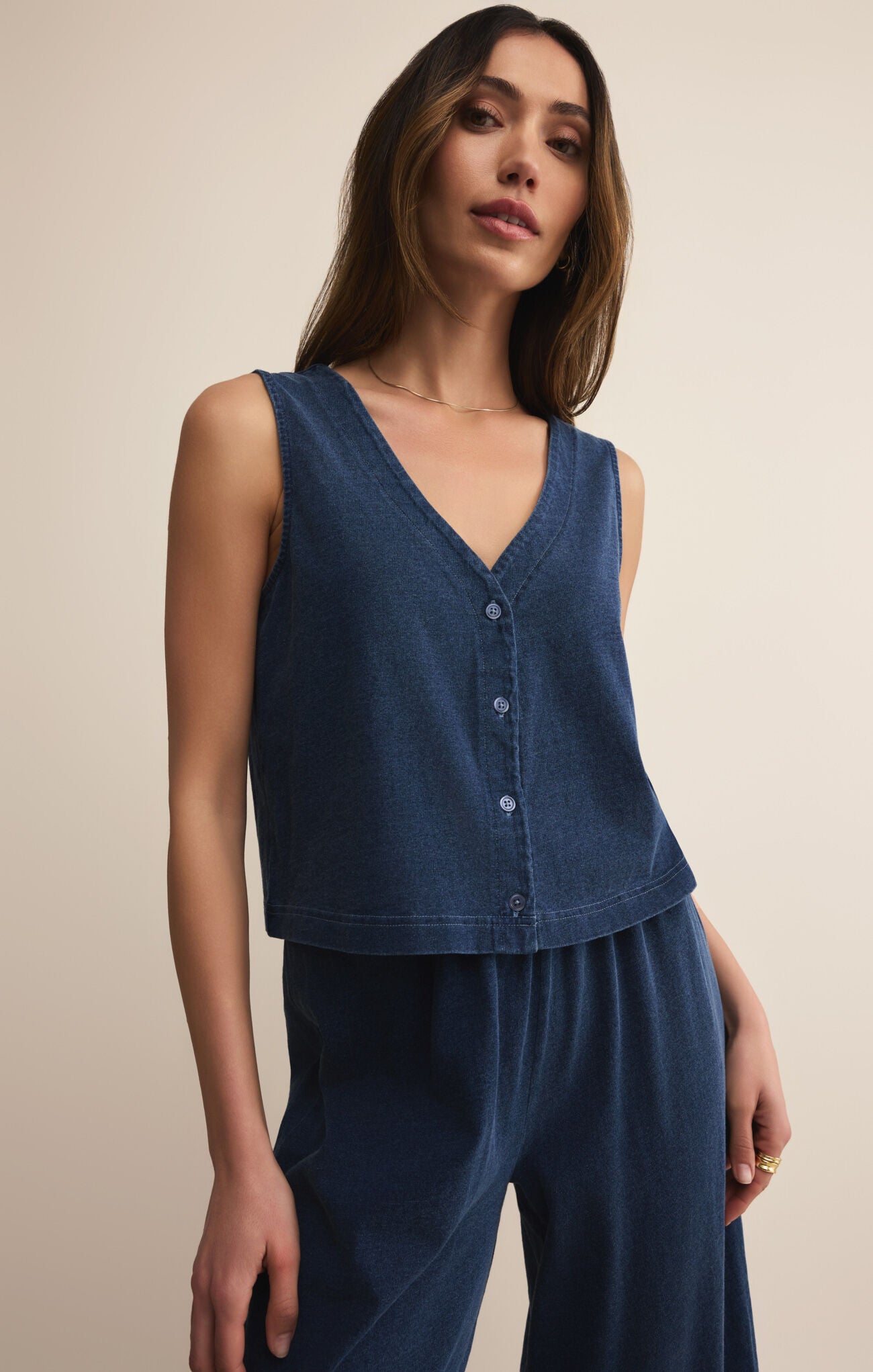 solace jersey denim top styled with jeans everyday outfit