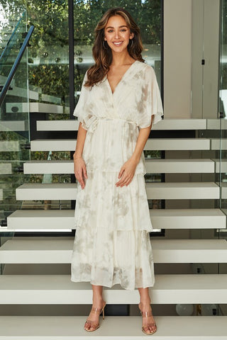 splatter print empire waist silk dress front view chic style