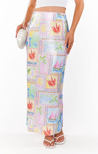 Vacation styling with sunlight mid skirt and woven accessories