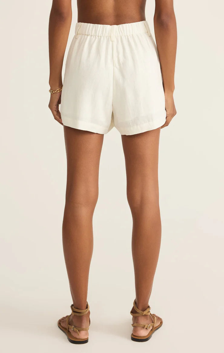 Casual beach-ready outfit featuring TOPANGA LINEN SHORT