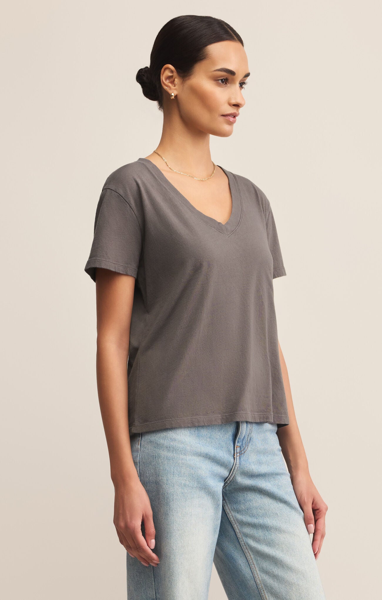 Layered outfit styling featuring WEEKDAYS V-NECK TEE for work and travel