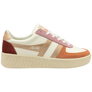 Sneaker with brown, pink, and white color scheme on a white background