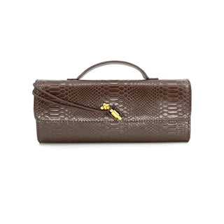 Brown textured handbag with a gold zipper on a white background